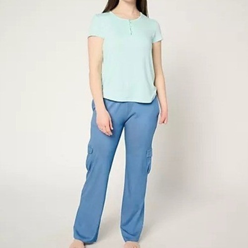 MUK LUKS Faux Denim Cargo Pant & Cloud Knit Tee Lounge Set Plus 2X Mint A677902‎